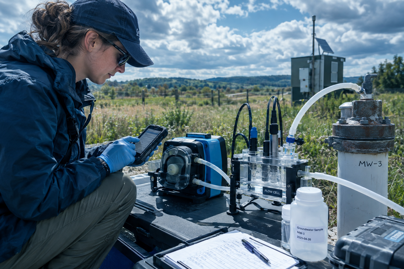 Illustration of low-flow groundwater sampling at a monitoring well: a small pump tubing running to a flow cell measuring EC, pH and temperature, with a sampler recording stable readings in a notebook